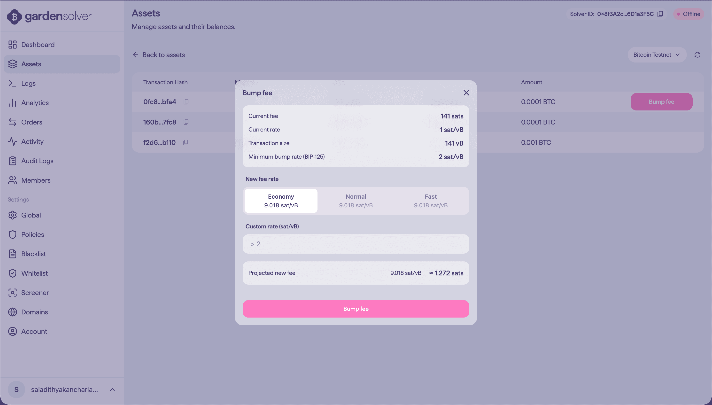 The operator dashboard — fee-bumping a stuck Bitcoin transaction. Testnet.