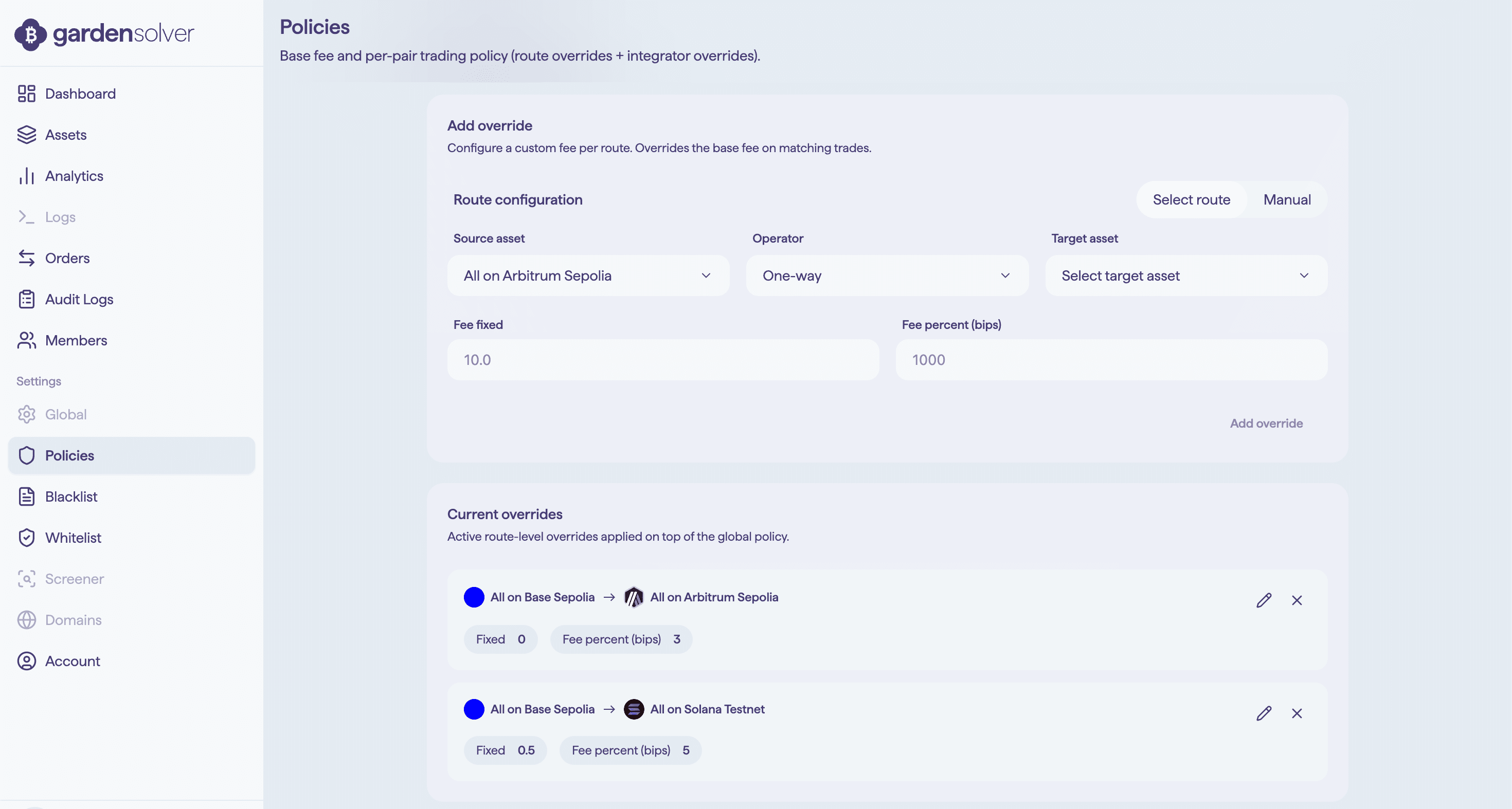 Route-level fee policies. Testnet.