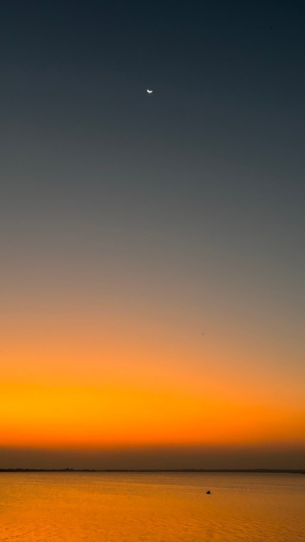 A crescent moon hanging in the dusk over calm water, the horizon still orange.