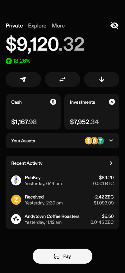 Home — balance, cash and investments. Demo data.